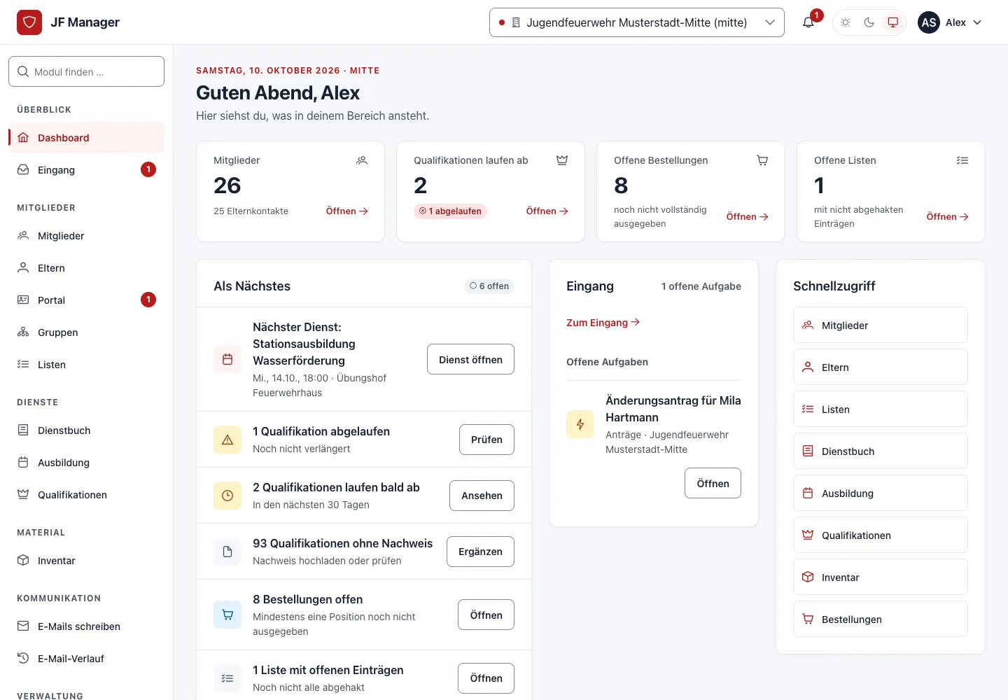 Dashboard von JF-Manager mit Mitgliederzahl, nächstem Dienst, ablaufenden Qualifikationen und offenen Bestellungen