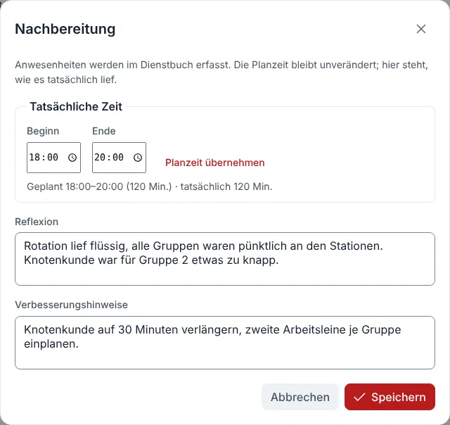 Nachbereitung mit tatsächlicher Zeit, Reflexion und Verbesserungshinweisen