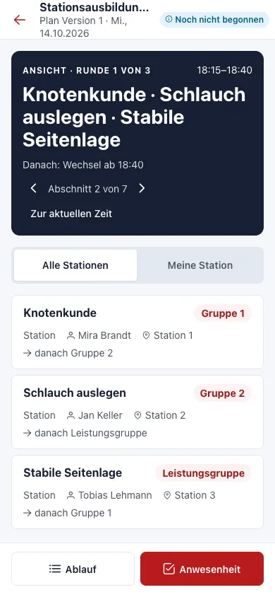 Mobile Durchführung auf dem Smartphone mit der aktuellen Runde mit den Stationen aller Gruppen