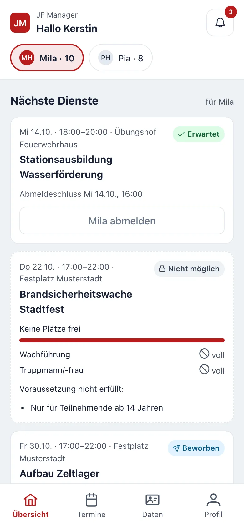 Elternportal auf dem Smartphone mit den nächsten Diensten des ausgewählten Kindes