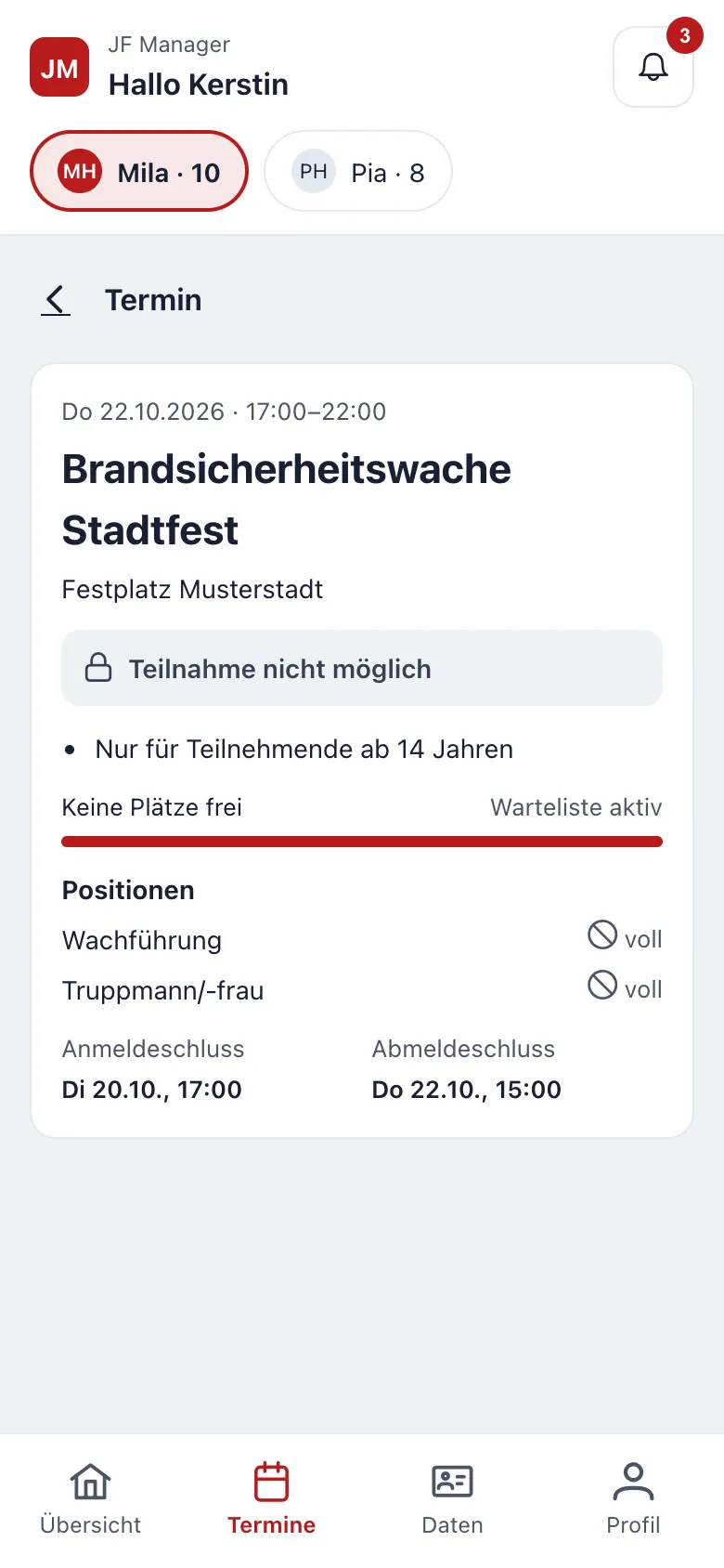 Elternportal: Termin mit Positionen, freien Plätzen und Warteliste