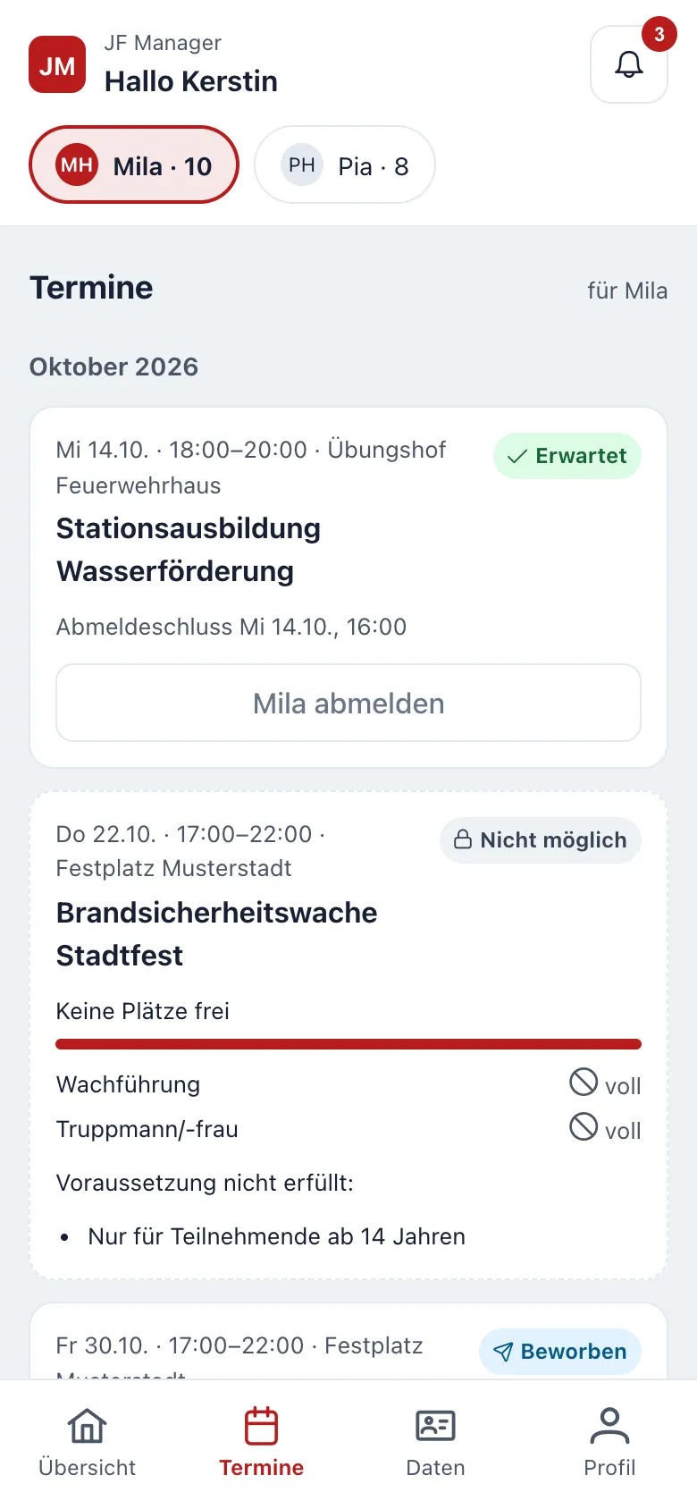 Elternportal: Terminliste mit den Status Erwartet und Nicht möglich