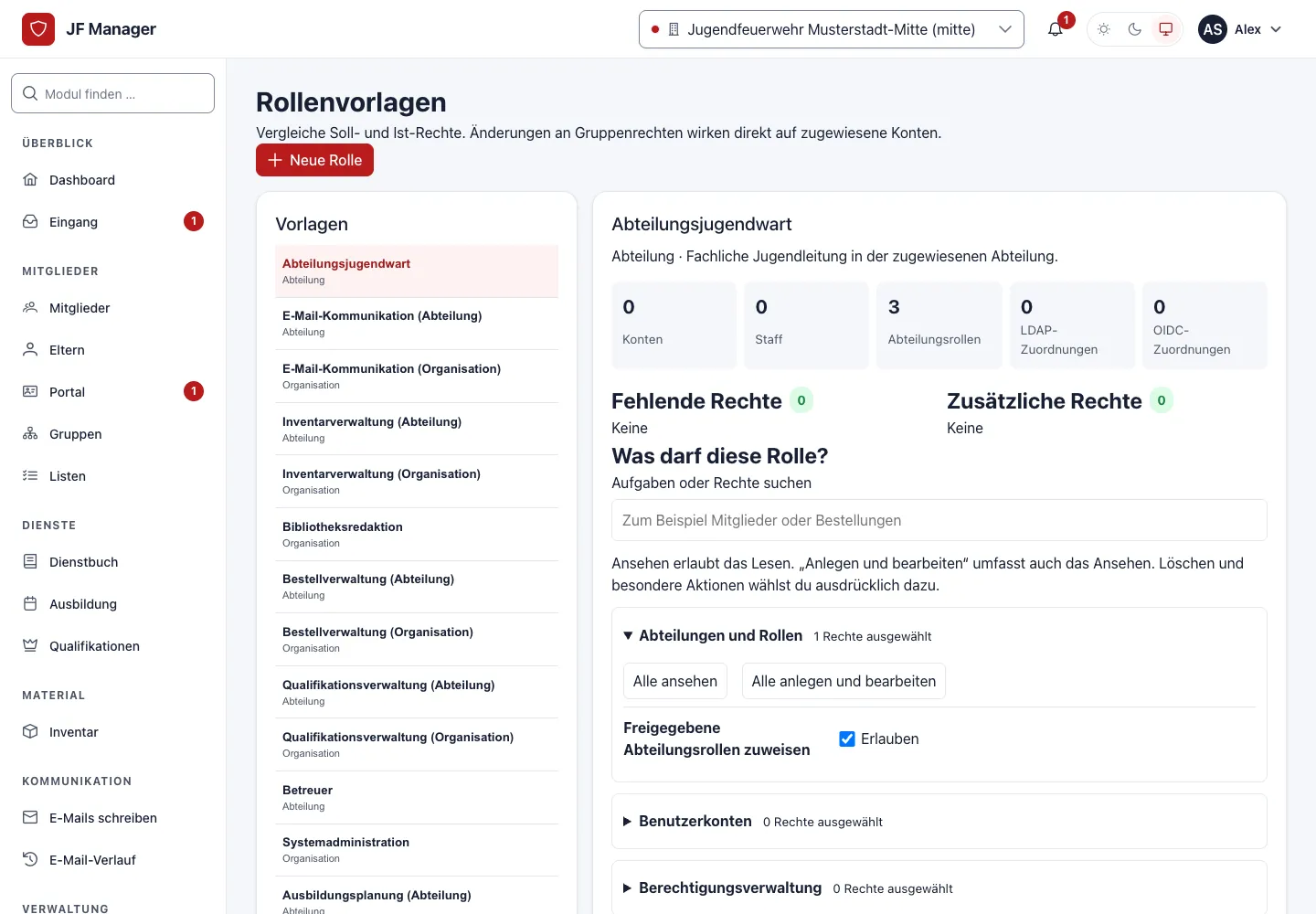 Rollenvorlagen mit Rechten je Bereich, zum Beispiel für den Abteilungsjugendwart