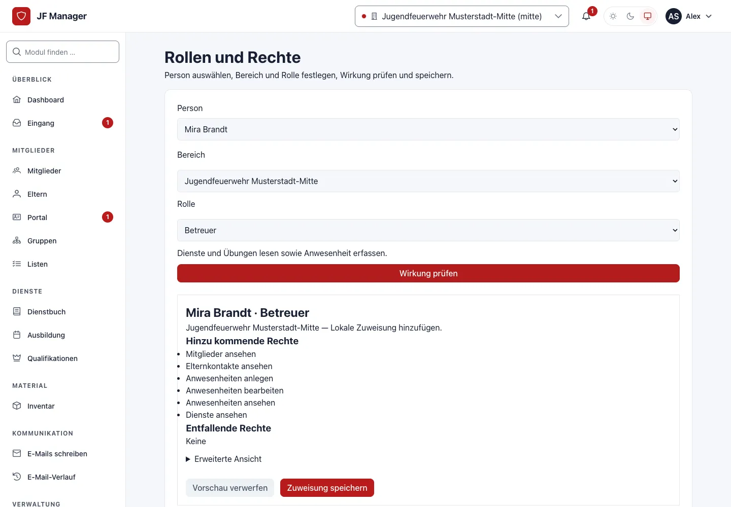 Rolle zuweisen mit Wirkungsvorschau der hinzukommenden Rechte